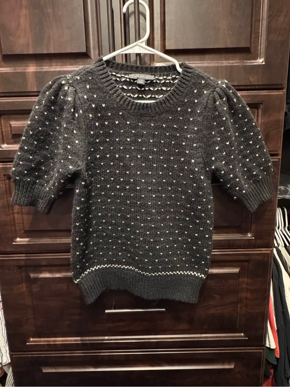 Ann Taylor Charcoal Puff-Sleeve Crew Sweater with White Dot Detail XXS - Picture 2 of 4